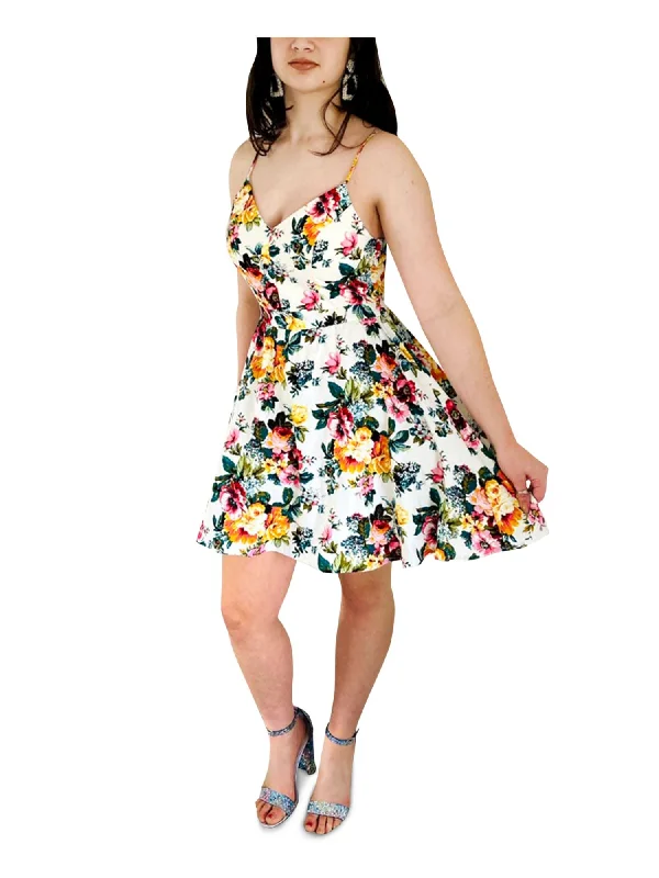 Early Access EMERALD SUNDAE Womens White Zippered Fitted Floral Spaghetti Strap V Neck Above The Knee Party Fit + Flare Dress
