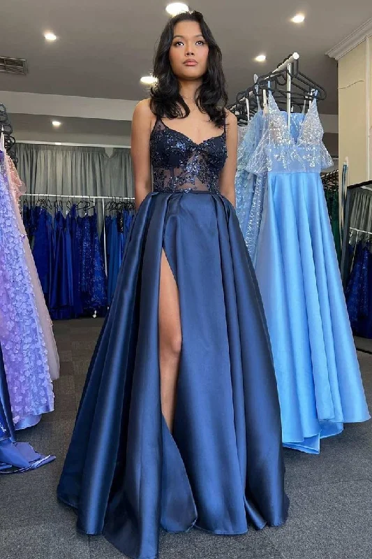 Discount Days casual summer dressNavy Satin Lace V-Neck A-Line Long Prom Dress with Slit Y4024