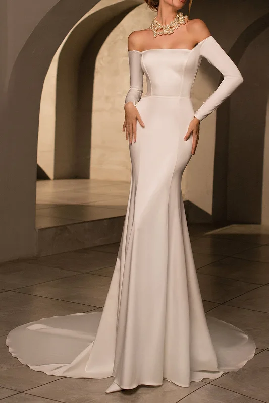 Bonus Savings textured dressTrendy Strapless Long Sleeves Simple Satin Mermaid Wedding Dress QW0935