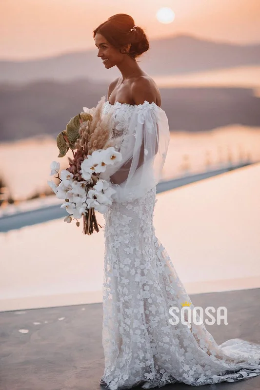 Today’s Deal trendy wrap dressLuxury Lace Bohemian Wedding Dress Off Shoulder Long Sleeves Bridal Gown QW0918