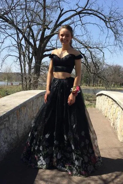Value Deals Unique 2 Pieces Black Off The Shoulder Long Prom Dresses Princess Dress GJS250