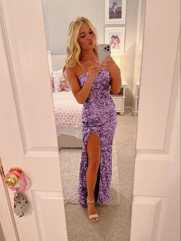 Act Now flowy dressElegant Purple Sequins Floor Length Prom Dress with Split Y4012