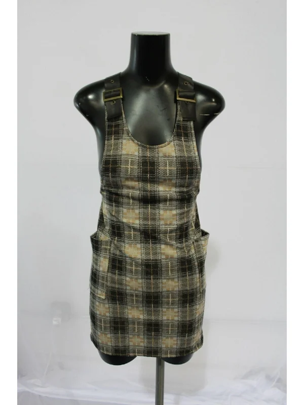 Huge Discounts PLANET GOLD Womens Brown Stretch Pocketed Faux Leather Buckle-straps Plaid Sleeveless Scoop Neck Short Shift Dress