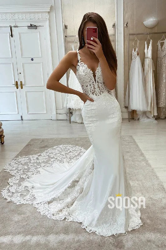 Blowout Deals fitted bodycon dressAttractive V-neck Ivory Lace Wedding Dress Mermaid Gown with Court Train QW2591