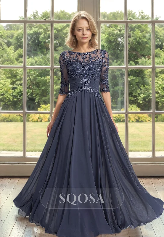 Mega Sale comfy maxi dressScoop-Neck Half-Sleeves Tulle A-Line Mother of the Bride Dress Pleated Applique Cutout Cocktail Gowns