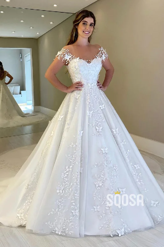 Amazing Deals spaghetti strap dressIllusion Neckline Cap Sleeves Lace Appliques Wedding Gown Bridal Dress QW0842