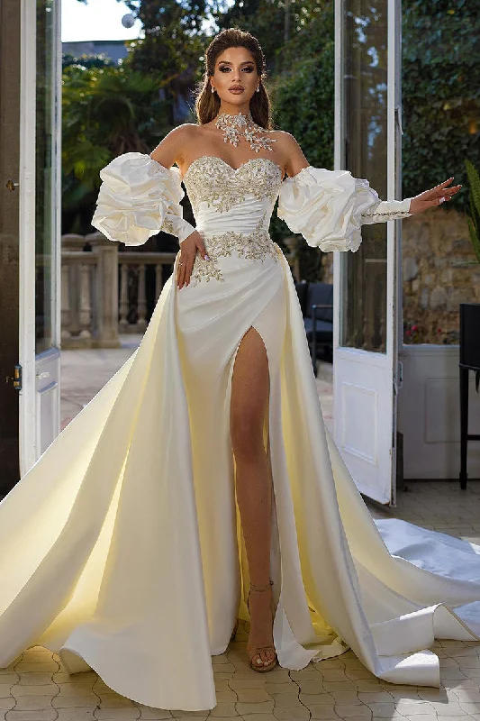 Loyalty Reward spaghetti strap dressSheath Lace Appliques Satin Pleats Long Sleeves Wedding Dress QW0941