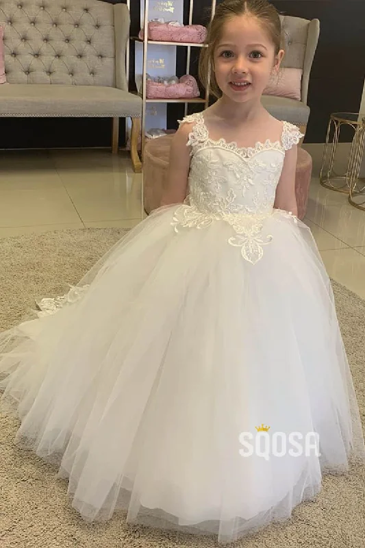 Limited Quantity draped dressSweet Tulle Appliques Ball Gown Cute Flower Girl Dress Bow Back QF0822