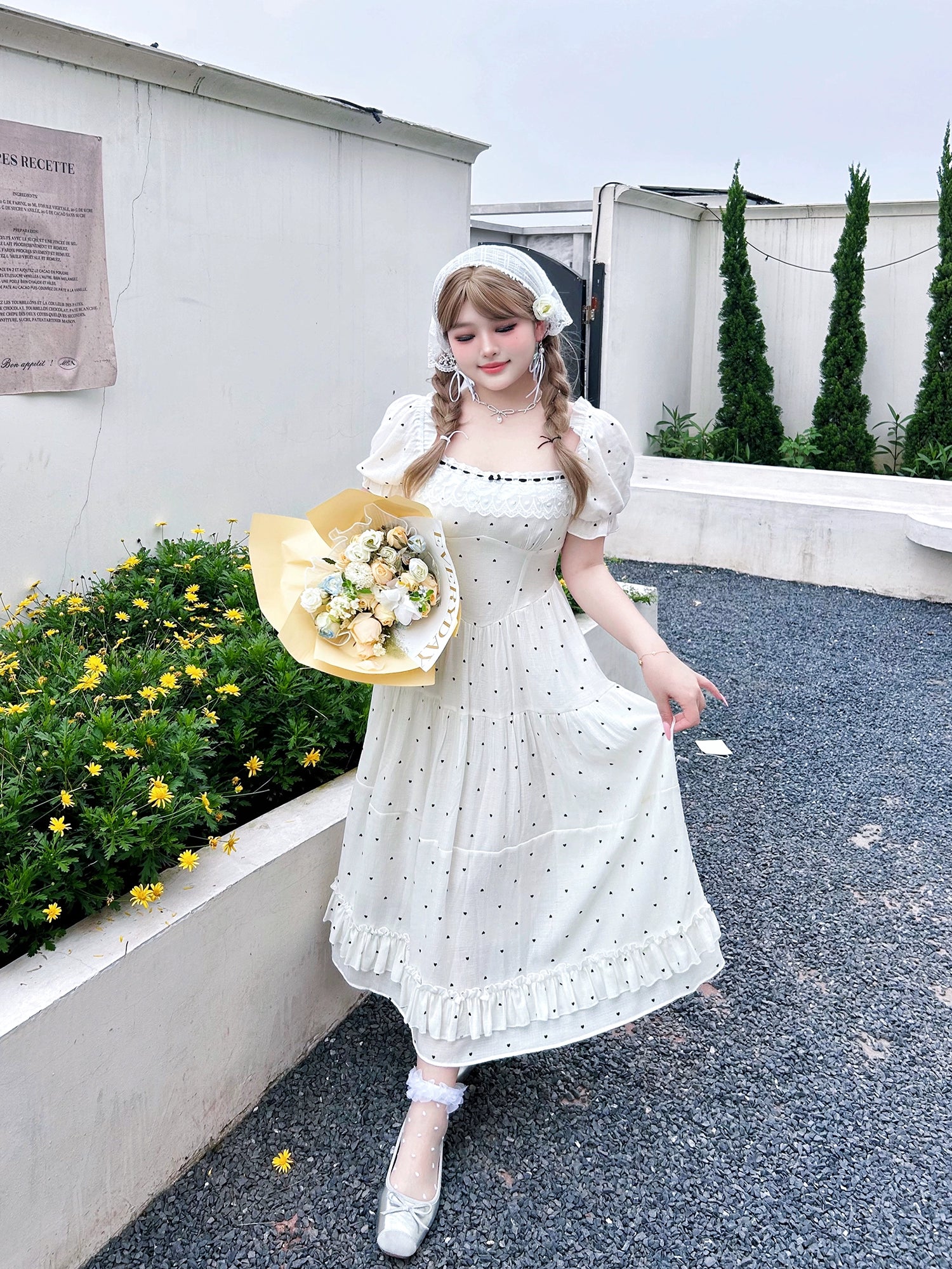 Final Markdown midi dressYingtang~Plus Size Lolita Dress Polka Dot White Black Short Sleeve OP
