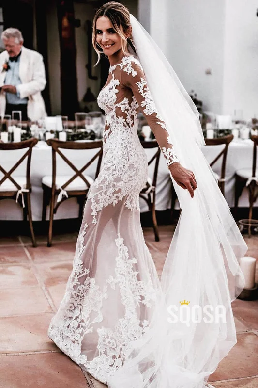 Hurry In lace-up dressSheath/Column Wedding Dress Illusion Appliques Long Sleeves Bohemian Wedding Dress QW2418