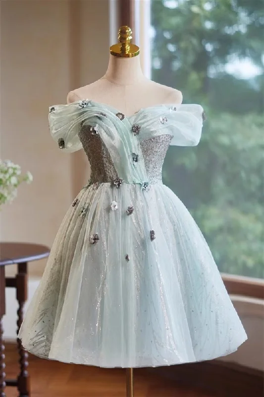 Super Deal elegant maxi dressA-Line Off the Shoulder Tulle with Hand Made Flower Homecoming Dress