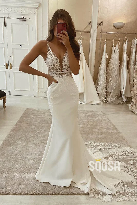 Best Bargains structured dressMermaid/Trumpet Attractive V-neck Appliques Rustic Wedding Dress QW2253