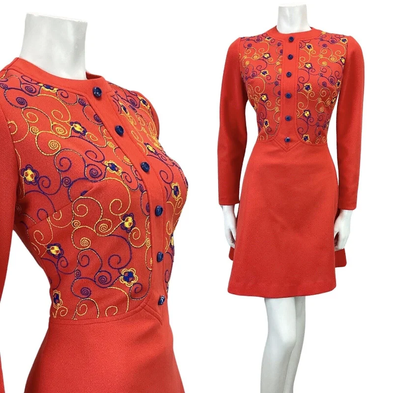 Holiday Sale VINTAGE 60s 70s RED BLUE YELLOW FLORAL EMBROIDERY BOHO FOLK MINI DRESS 10 12