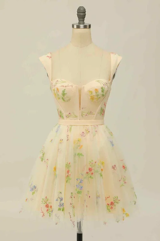 Price Rollback puff sleeve dressChampagne A-line Cap Sleeves Applique Mini Homecoming Dress
