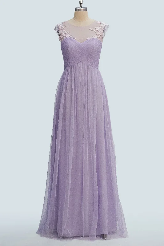 Extra Discounts shift dressLavender A-line Illusion Tulle Pleated Lace Long Bridesmaid Dress