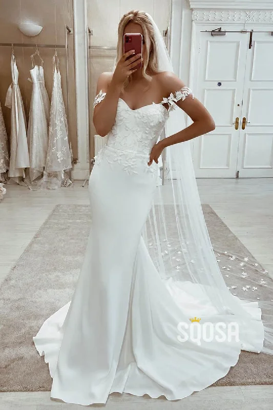 Bargain Bin denim dressUnique Off-Shoulder Chic Appliques Mermaid Wedding Dress QW2556