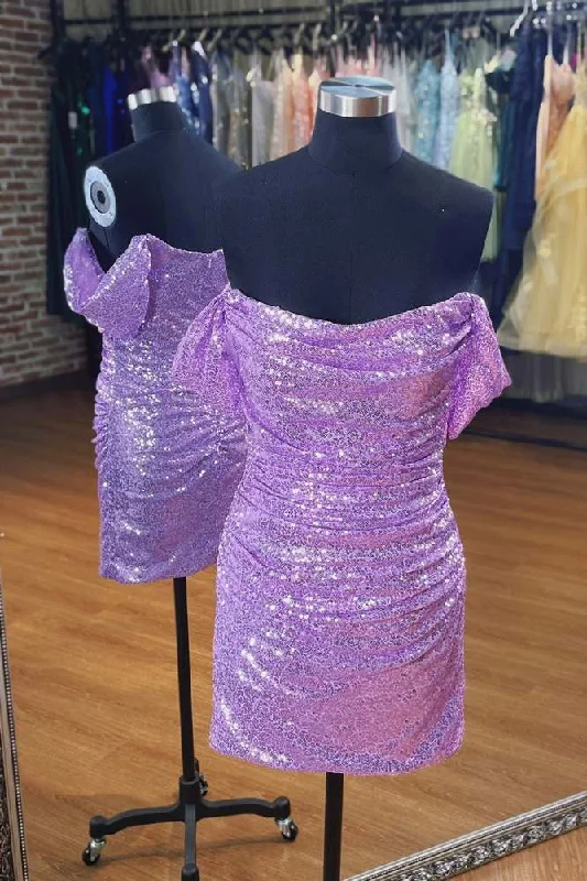 Markdown Madness floral dressSheath Off-the-Shoulder Pleated Sequins Mini Homecoming Dress