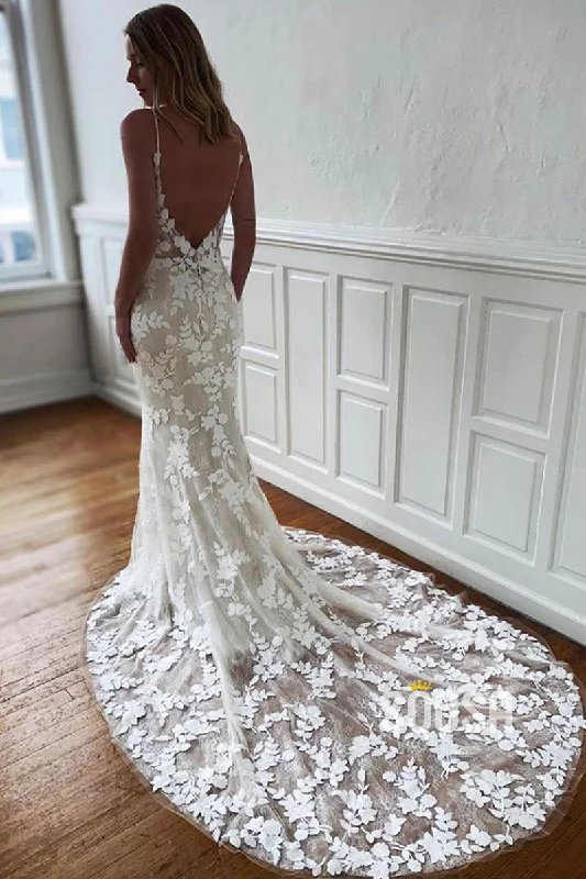 Weekend Deal ashionable dressVintage Embroidery Lace Mermaid Wedding Dress Bohemian Bridal Gown QW2700