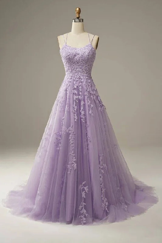 Limited Time Offer Lilac A Line Tulle Lace Appliques Long Prom Dress with Straps GJS203