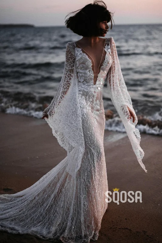 Overstock oversized dressPlunging V-neck Bat Sleeves Lace Bohemian Wedding Dress QW2658
