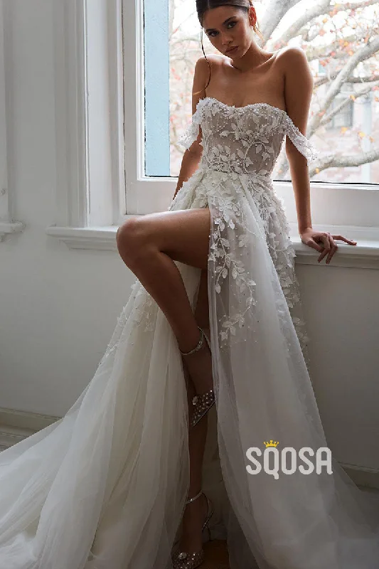 Bonus Savings textured dressIllusion Neckline Long Sleeves 3D Lace Bohemian Wedding Dress with Slit QW2344