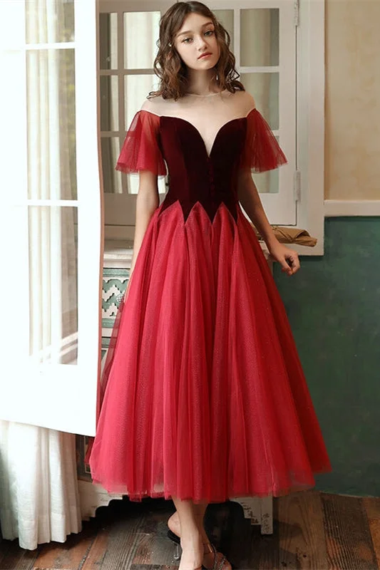 Great Bargains puff sleeve dressBurgundy Tea Length Party Dress