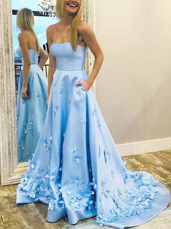 Customer Appreciation Sale Fashion Prom Dresses Strapless A Line Long Sky Blue Prom Dress Floral Evening Dress JKL1638