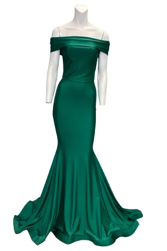 Final Sale knit dressClassic Off The Shoulder Evening Gown In Green