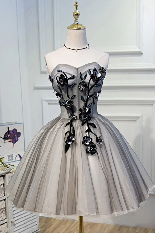 Final Clearance formal dressGrey Strapless 3D Appliques Tulle Homecoming Dress