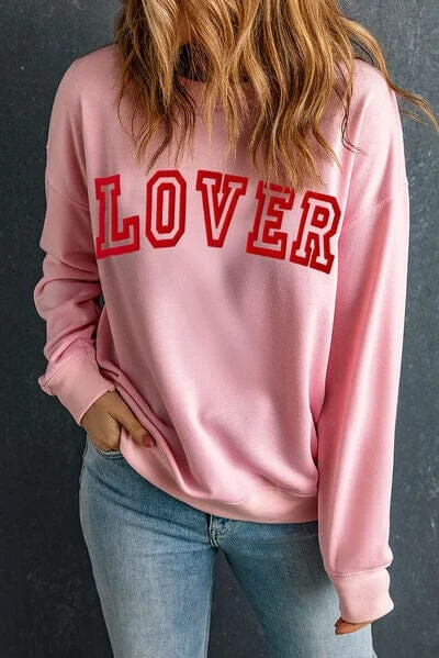Blowout Sale trendy fitness sweatshirtLOVER Round Neck Dropped Shoulder Sweatshirt