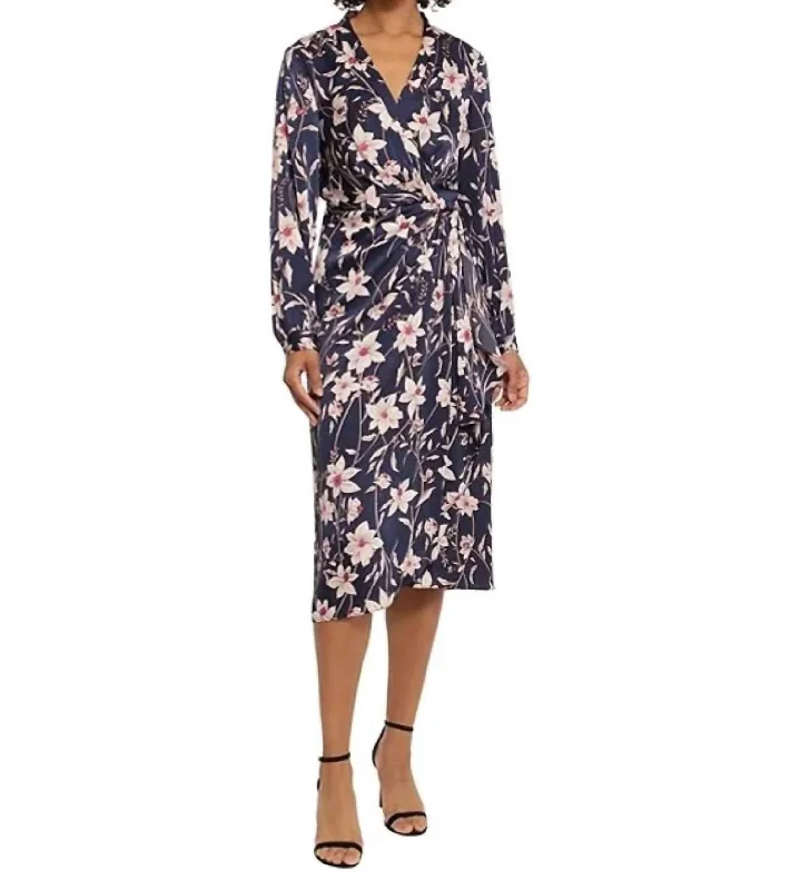 Daily Specials structured dressLong Sleeve Wrap Midi Dress In Navy Floral