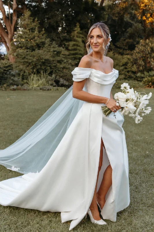 Crazy Savings chic shift dressUnique Off the Shoulder Side Slit Satin Wedding Dress with Court Train QW2561