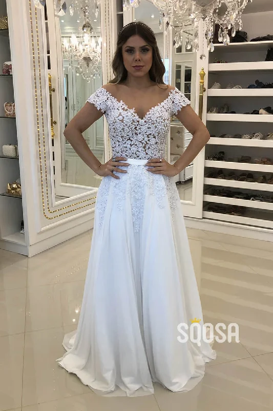 Instant Savings satin midi dressA-line Cap Sleeves Chiffon Appliques Beaded Wedding Dress Bridal Gown QW2222 Instant Savings satin midi dressA-line Cap Sleeves Chiffon Appliques Beaded Wedding Dress Bridal Gown QW2222