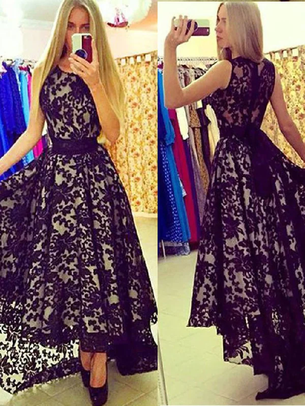 Final Markdown High Low Prom Dresses Scoop A-line Black Prom Dress Lace Evening Dress JKL499
