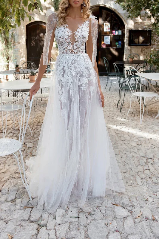 Limited Time Offer modern dressA Line Illusion V Neck Lace Appliques Boho Wedding Dress with Slit Bridal Gown QW2307