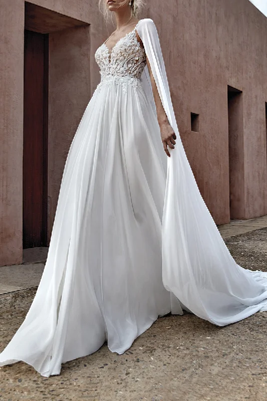 Massive Deals off-shoulder dressA line Illusion V neck Lace Appliques Boho Wedding Dress with Shawl QW2139