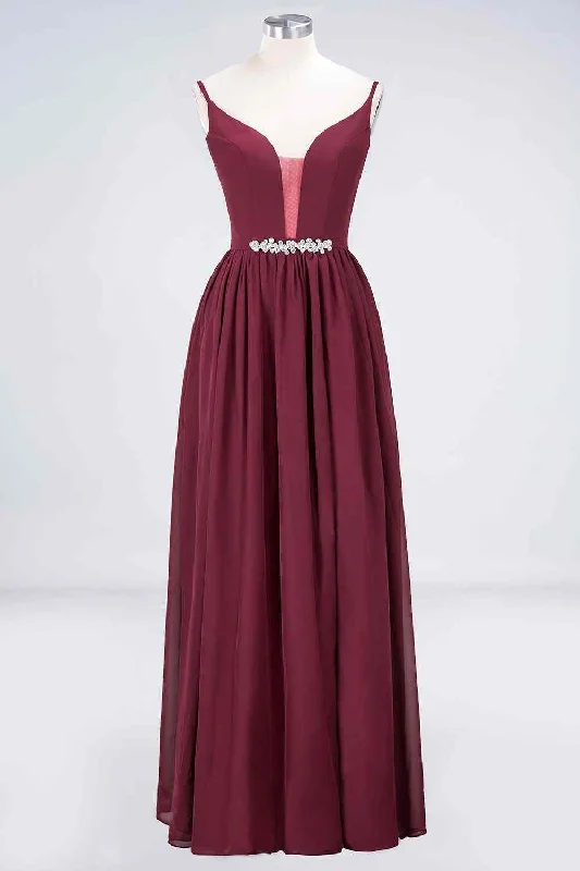 Exclusive Offers off-shoulder dressBurgundy A-line Plunging V Neck Chiffon Long Bridesmaid Dress with Beaded Sash