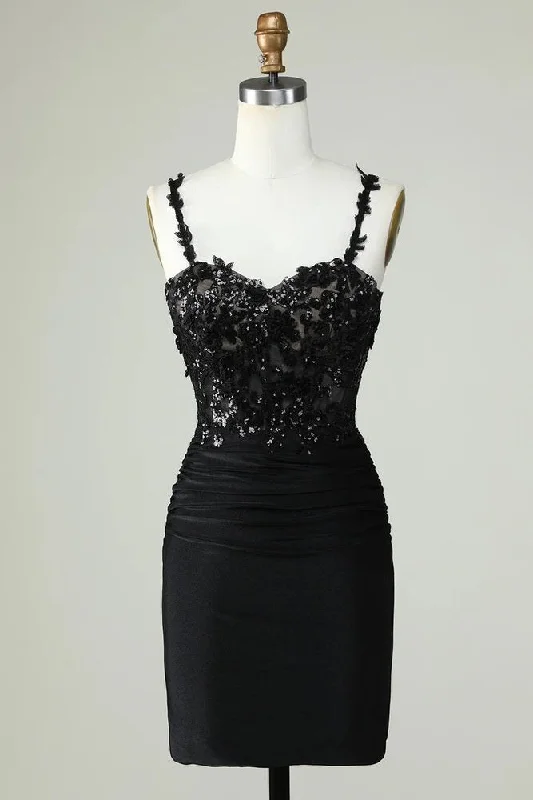 Price Drop high-waisted dressSheath Spaghetti Straps Black Short Homecoming Dress with Appiques