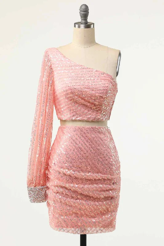 Limited Time Offer classic fit-and-flare dressPink Sheath One Shoulder Long Sleeve Two-Piece Mini Homecoming Dress