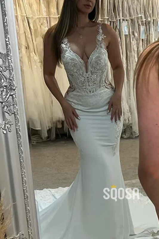 Factory Direct Sale silk dressSatin V-Neck Spaghetti Straps Lace Applique Beaded With Train Wedding Dress  QW8160