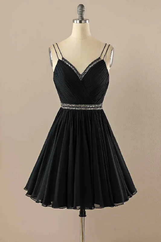 Value Deals relaxed fit dressBlack A-line Double Straps Pleated Beaded Chiffon Mini Homecoming Dress