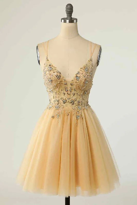 Limited Stock long-sleeve floral dressA-line Double Straps Deep V Neck Beading Mini Homecoming Dress
