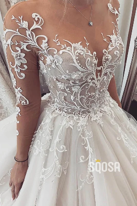 Markdowns backless dressUnique Lace Appliques Long Sleeves A-Line Wedding Dress QW2496