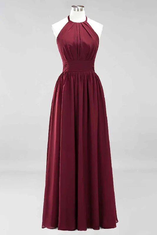 Deep Discounts formal dressBurgundy A-line Halter Lace Straps Back Pleated Chiffon Long Bridesmaid Dress