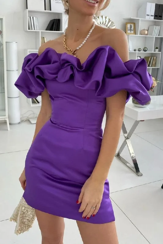 Exclusive Online Offer lace-up dressSheath Off-the-Shoulder Sleeveless Satin Short Homecoming Dress With Ruffles