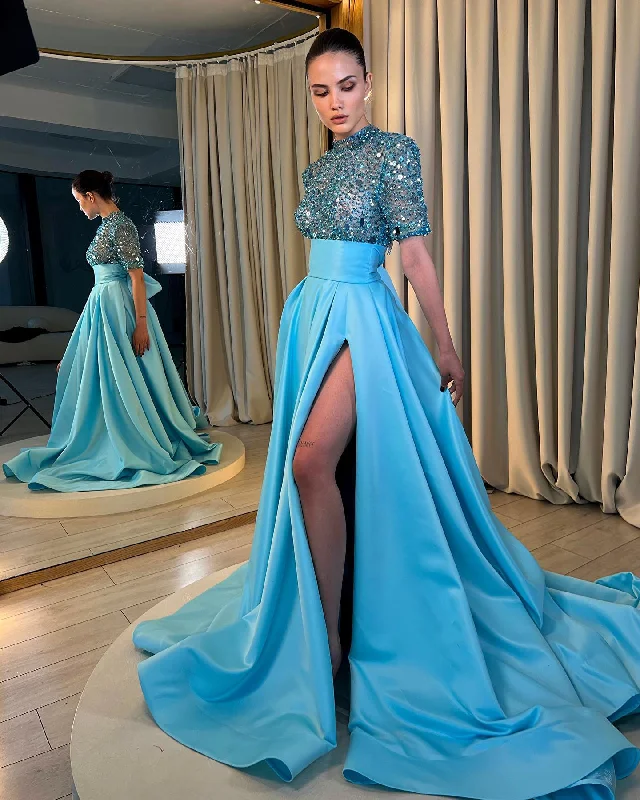 Final Clearance comfy dressUnique High Neckline Beads Half Sleeves Sparkly Prom Dress with Slit QP1427