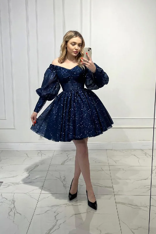 Discount Days A-line dressA Line V Neck Long Sleeves Sparkly Prom Dress Short Homecoming Dress QH2493