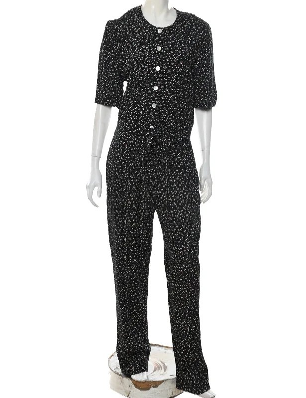 Super Sale trendy bomber coatBlack Floral Pattern Jumpsuit - L