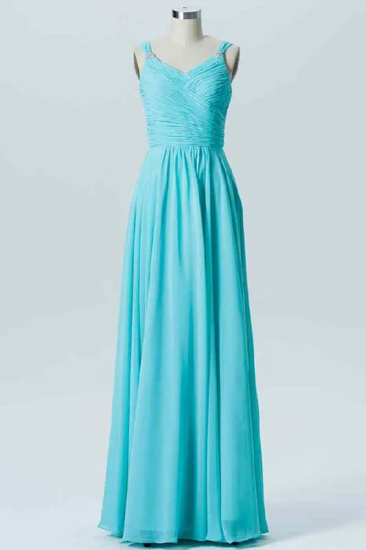 YEAR-End Clearance silk dressBlue A-line Sheer Straps Pleated Chiffon Long Bridesmaid Dress