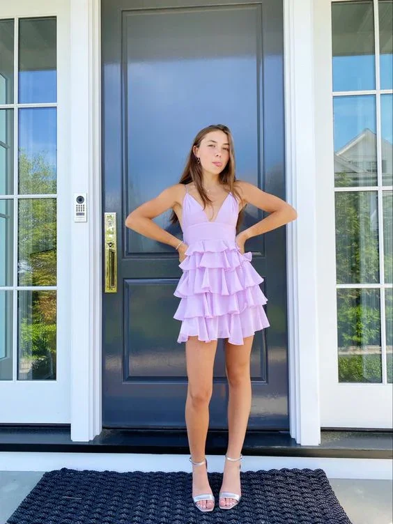 Today’s Deal ashionable dressA-line V Neck Light Lavender Short Homecoming Dress Layered Cute Homecoming Dress Y2721